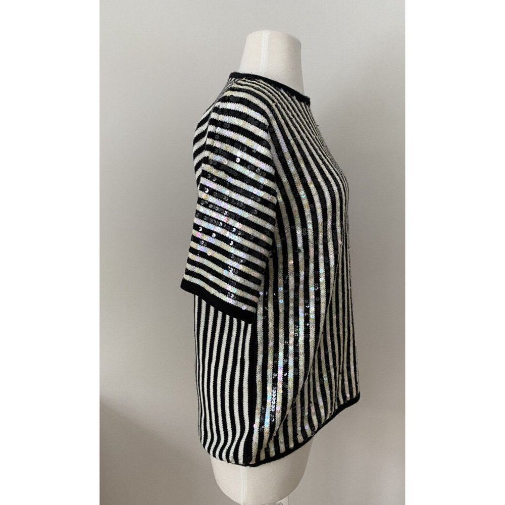 Regency collection By Joyce Vintage Women’s Sweater Sequins Black‎ White Stripe - Picture 3 of 8